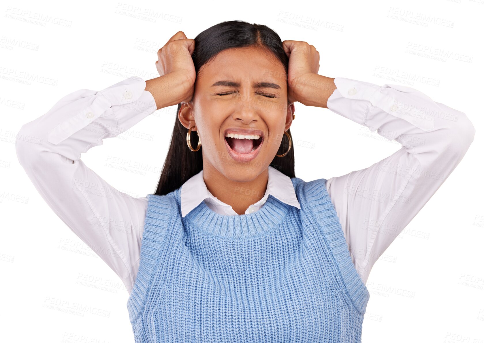 Buy stock photo Frustrated, headache and woman with stress, anxiety and screaming isolated on transparent background. Model, shouting an person with mental health issues, problems and trauma with a migraine or png