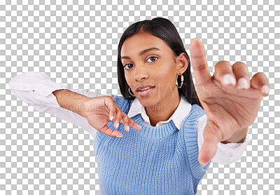 Buy stock photo Selfie, serious and hand of woman in portrait isolated on a transparent png background. Face, profile picture and Indian person taking photo for memory, social media photography and facial expression