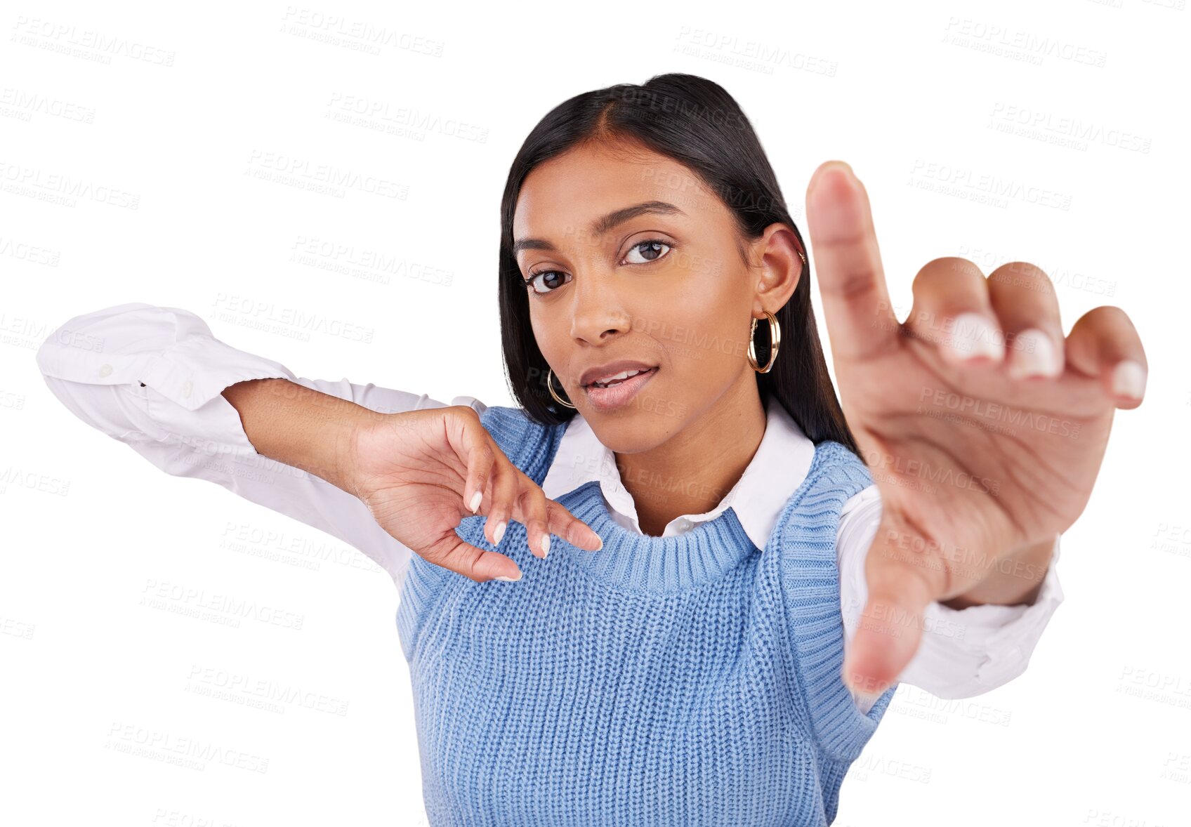 Buy stock photo Selfie, serious and hand of woman in portrait isolated on a transparent png background. Face, profile picture and Indian person taking photo for memory, social media photography and facial expression