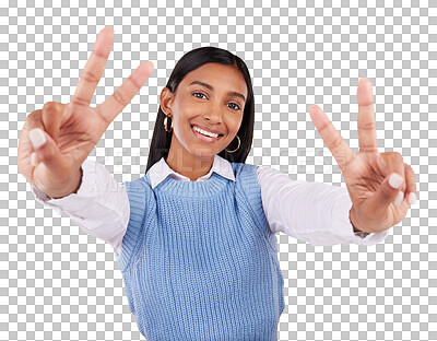 Buy stock photo Portrait, happy woman and peace sign for thank you, gesture or positivity for support. Indian person, startup and entrepreneur with excited emoji on isolated or transparent png background for promo