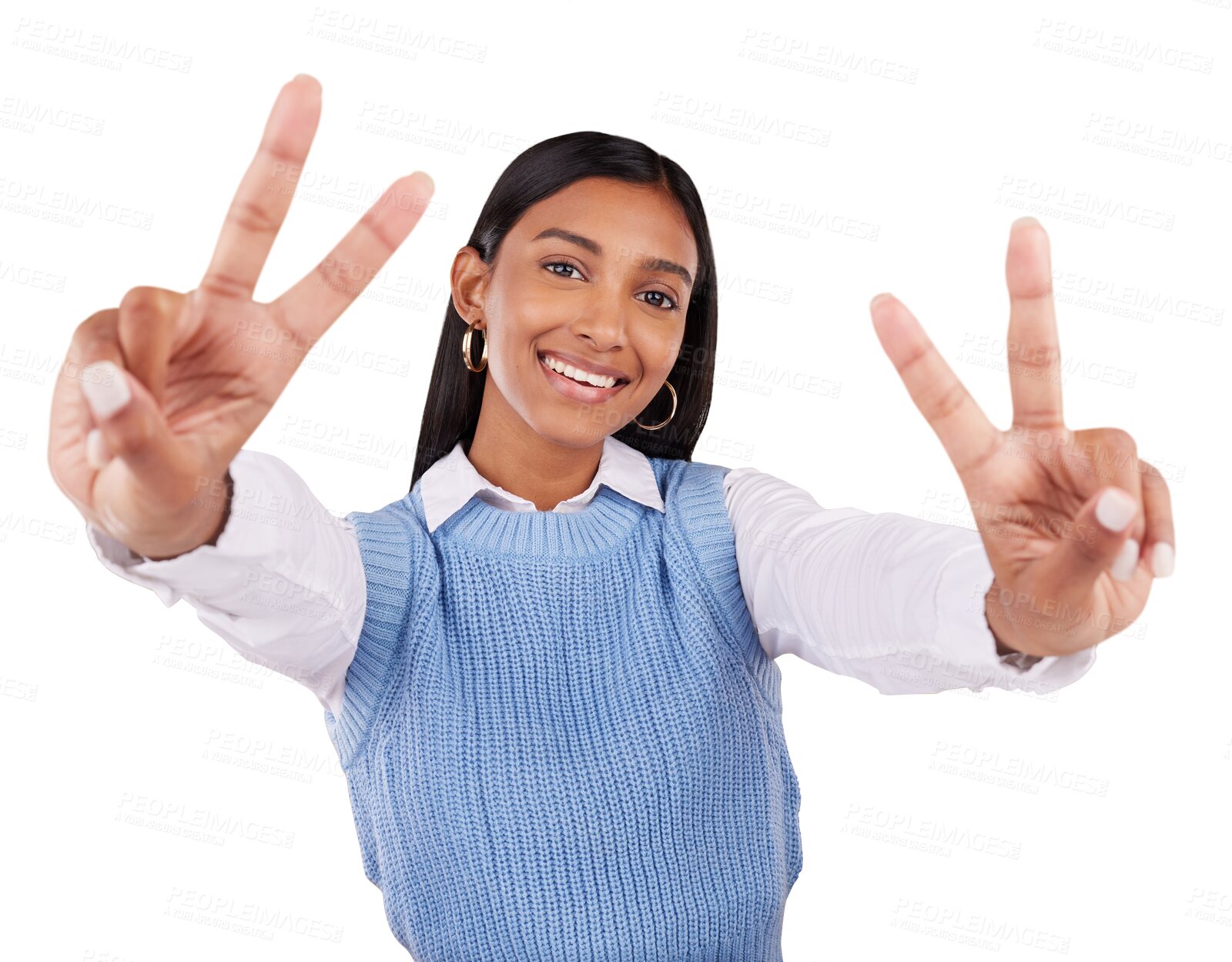 Buy stock photo Portrait, happy woman and peace sign for thank you, gesture or positivity for support. Indian person, startup and entrepreneur with excited emoji on isolated or transparent png background for promo