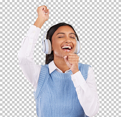 Headphones, energy and female singing in studio while listening to music, playlist or album. Happy, smile and Indian woman model doing karaoke while streaming a song isolated by yellow background.
