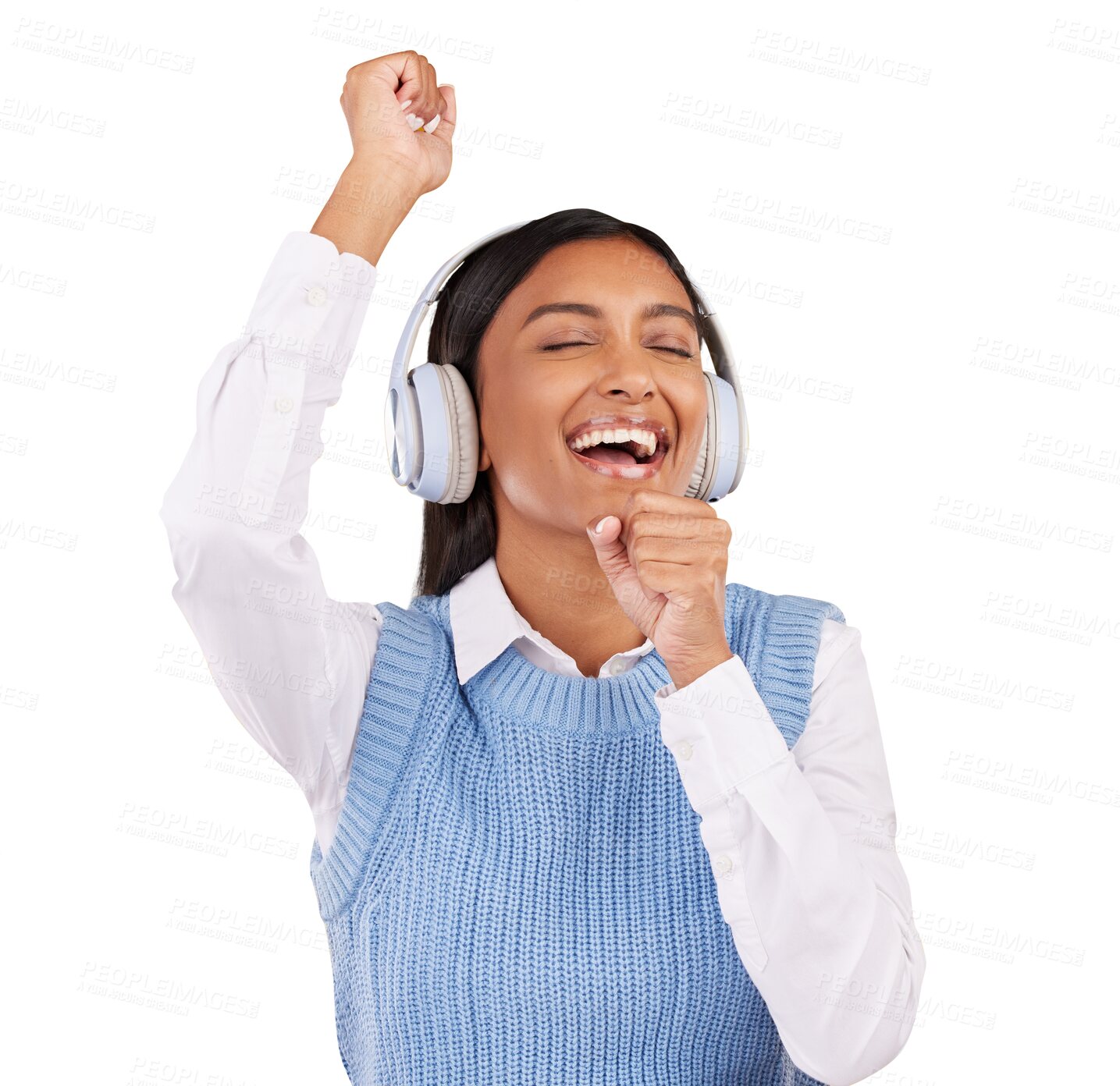 Buy stock photo Smile, singing and young woman with headphones listen to music, playlist or album for karaoke. Happy, excited and Indian female person with mic gesture for song isolated by transparent png background