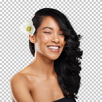 Buy stock photo Smile, flower and hair care of woman, curly treatment and natural beauty with eyes closed. Hairstyle, organic floral cosmetics and facial wellness, health and skincare on a transparent png background