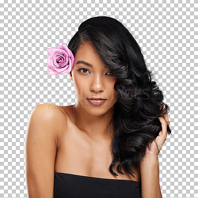 Buy stock photo Portrait, flower and woman touch hair, makeup treatment and natural beauty on a transparent png background. Serious face, hairstyle and isolated floral cosmetics, wellness and healthy rose in salon