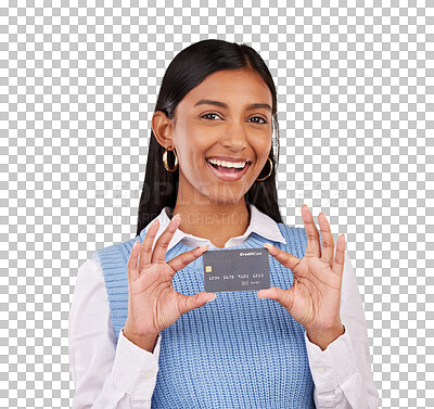 Buy stock photo Portrait, woman and smile with credit card for banking, online shopping or financial accounting isolated on transparent png background. Happy indian customer, finance or membership of investment deal