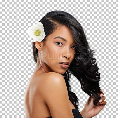 Buy stock photo Portrait, flower and woman touch hair, beauty treatment and natural shine on a transparent png background. Curly hairstyle, organic floral cosmetics and serious face glow, health and anemone wellness