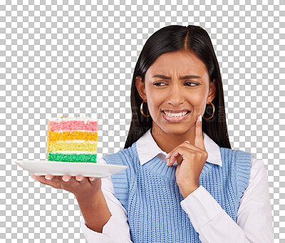 Buy stock photo Woman, cake for birthday or upset for mistake option as dessert snack, celebration disgust or isolated on transparent png background. Indian person, frown or bad idea hand gesture, fail food at event