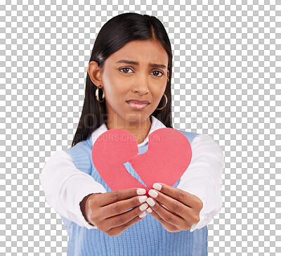 Buy stock photo Portrait, breakup and an unhappy woman with a broken heart isolated on a transparent background for depression. Love, sad and pain in a cardboard shape with a young person on PNG for emotional grief