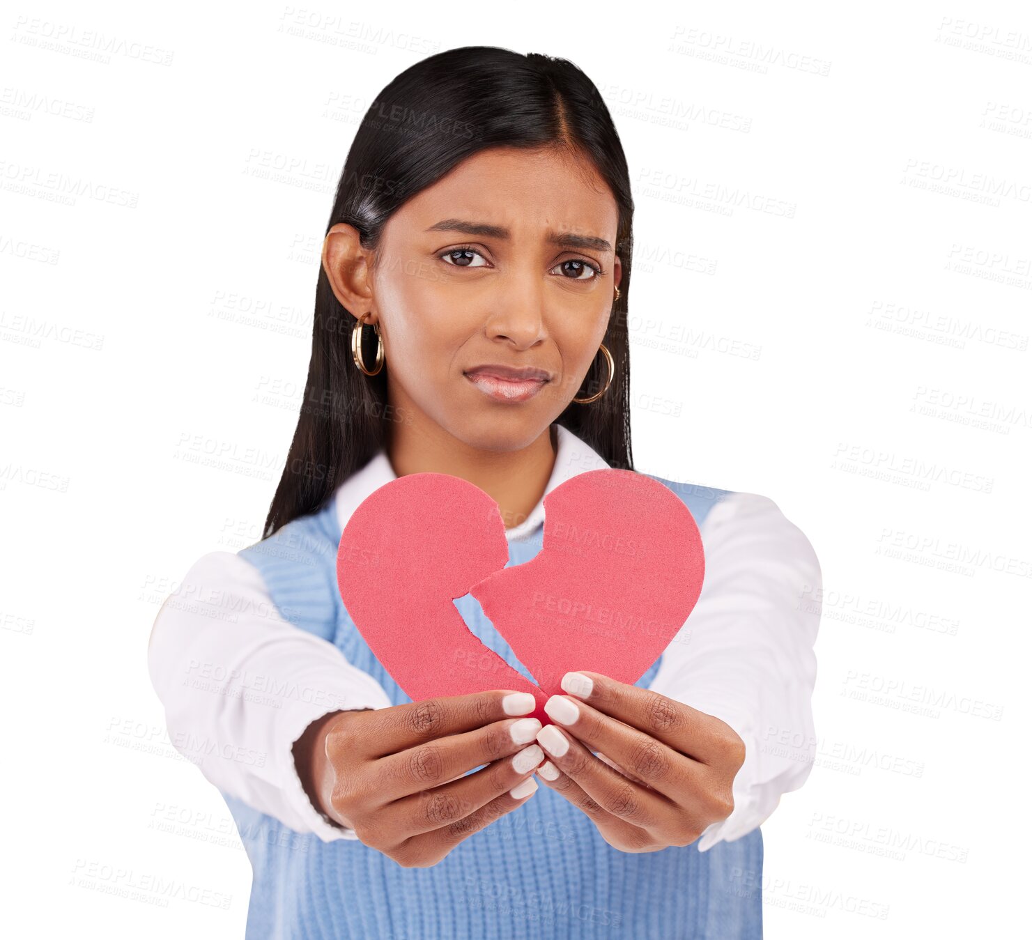 Buy stock photo Portrait, breakup and an unhappy woman with a broken heart isolated on a transparent background for depression. Love, sad and pain in a cardboard shape with a young person on PNG for emotional grief