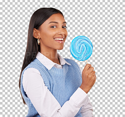 Buy stock photo Woman, candy and happy portrait for sweets, snack and dessert with relax by food. Young model, smile face and hungry by blue lollipop as sugar confectionery and isolated on transparent png background