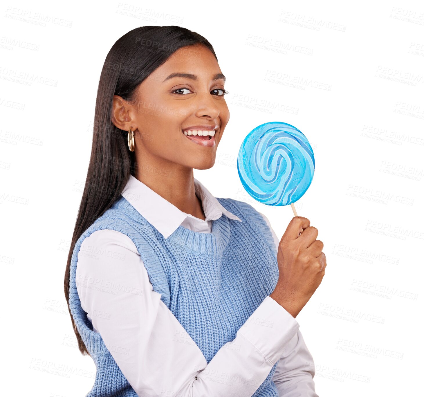 Buy stock photo Woman, candy and happy portrait for sweets, snack and dessert with relax by food. Young model, smile face and hungry by blue lollipop as sugar confectionery and isolated on transparent png background