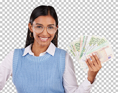 Buy stock photo Happy woman, portrait and cash money for lottery prize or competition isolated on a transparent PNG background. Female person or winner in finance, payment or savings investment for profit or growth