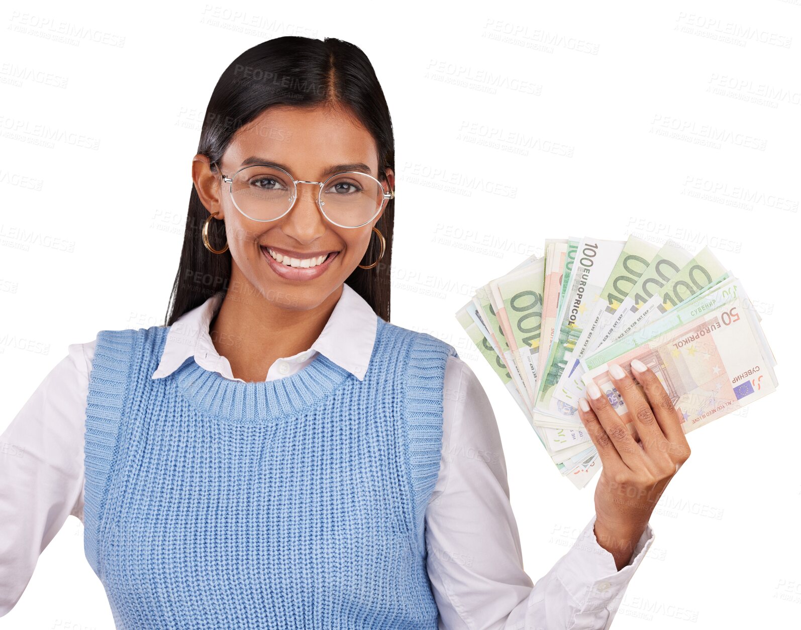 Buy stock photo Happy woman, portrait and cash money for lottery prize or competition isolated on a transparent PNG background. Female person or winner in finance, payment or savings investment for profit or growth