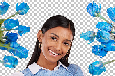 Buy stock photo Portrait, smile and an indian woman with blue rose flowers isolated on a transparent background for love. Face, gift and romance with a happy young person on PNG in celebration of valentines day 