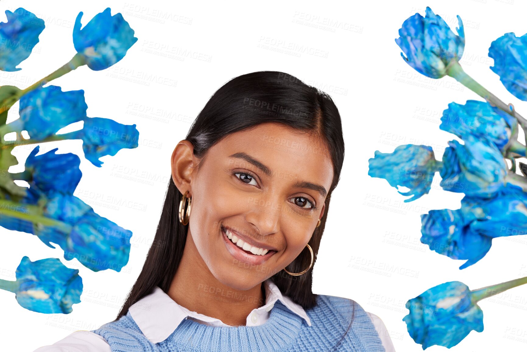 Buy stock photo Portrait, smile and an indian woman with blue rose flowers isolated on a transparent background for love. Face, gift and romance with a happy young person on PNG in celebration of valentines day 