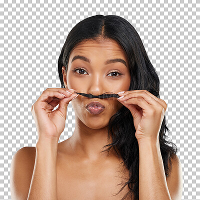 Buy stock photo Portrait, pout and hair mustache with woman isolated on a transparent background for beauty. Salon, comic and kiss emoji with a happy or funny young model on PNG for haircare or shampoo treatment