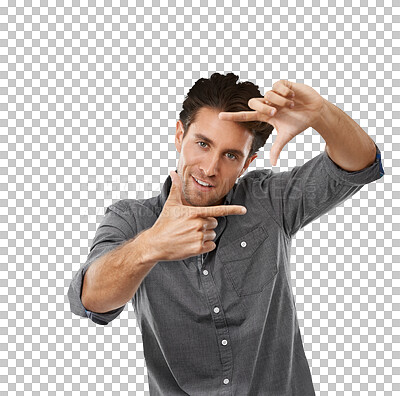 Buy stock photo Portrait man, finger frame and photography gesture for social media profile picture, perspective focus or selfie. Hand border, creative photographer and model isolated on transparent, png background