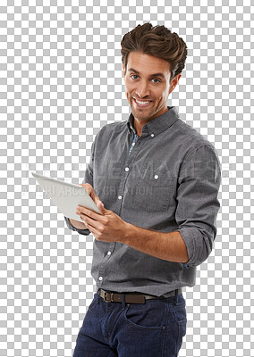 Buy stock photo Man, portrait or typing working on tablet as happy consultant, technology or entrepreneur in startup. Model, face or smile with touchscreen for online search or isolated on transparent png background