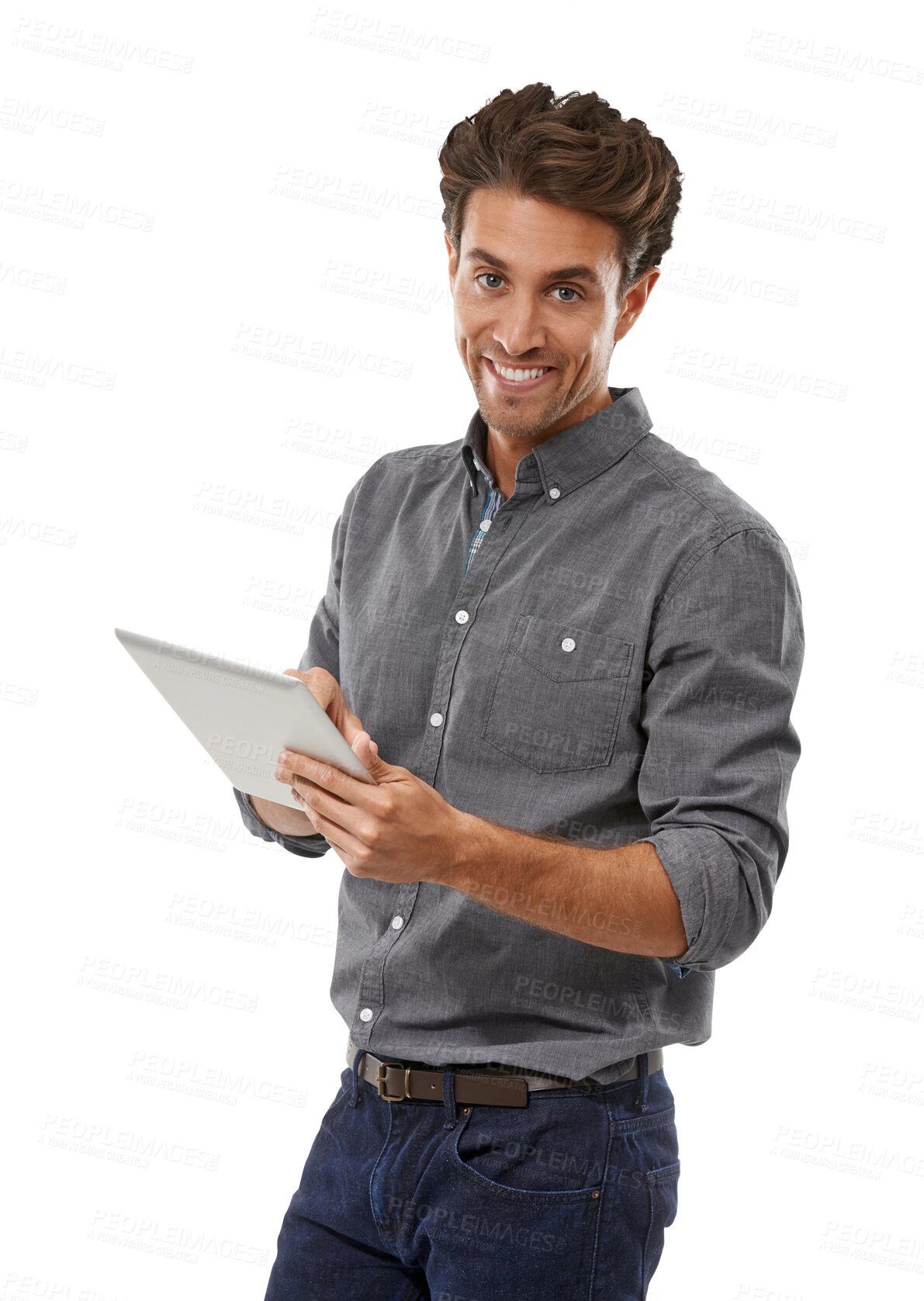 Buy stock photo Man, portrait or typing working on tablet as happy consultant, technology or entrepreneur in startup. Model, face or smile with touchscreen for online search or isolated on transparent png background