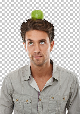 Buy stock photo Man, apple and thinking for balance on head for diet, nutrition and health for wellness. Brazilian person, organic or fresh fruit with benefits on isolated or transparent png background for wellbeing