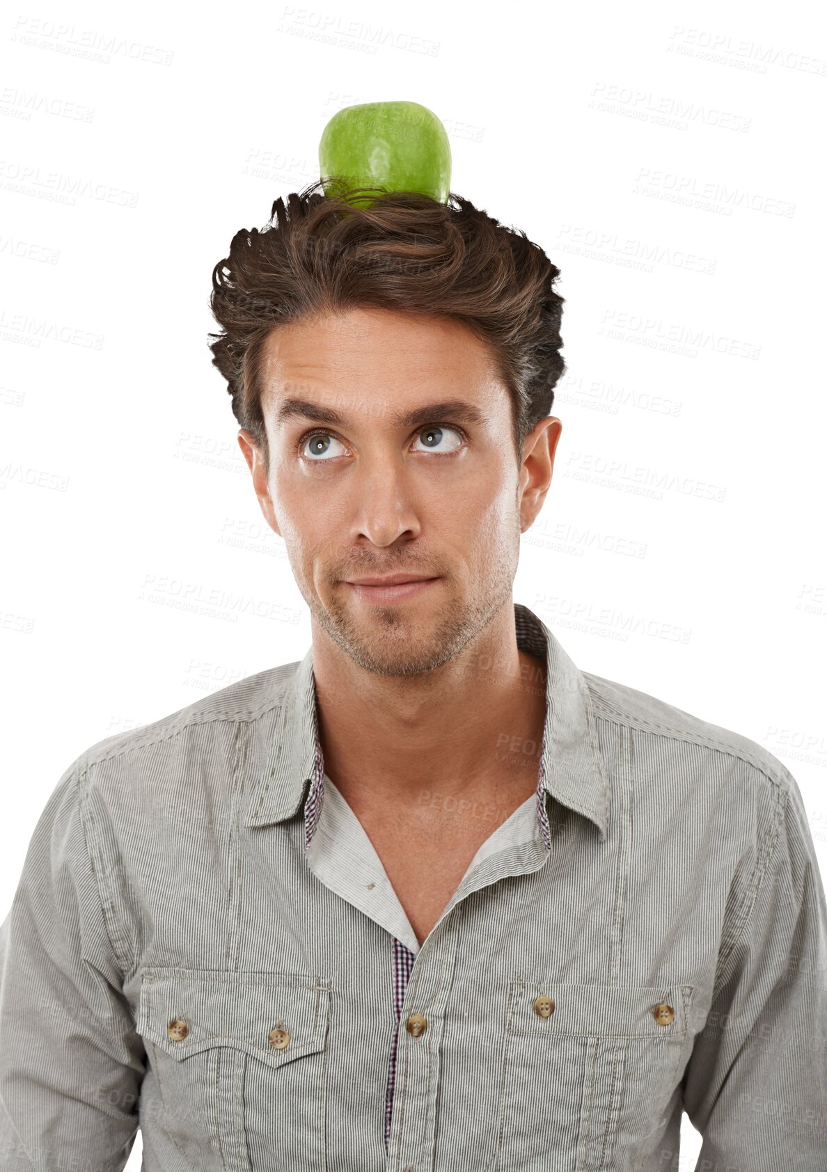 Buy stock photo Man, apple and thinking for balance on head for diet, nutrition and health for wellness. Brazilian person, organic or fresh fruit with benefits on isolated or transparent png background for wellbeing