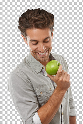 Buy stock photo Man, holding and apple for health, nutrition or wellness in organic diet. Brazilian person, eyes closed and fruit eating on isolated or transparent png background for wellbeing, vitamin and fibre