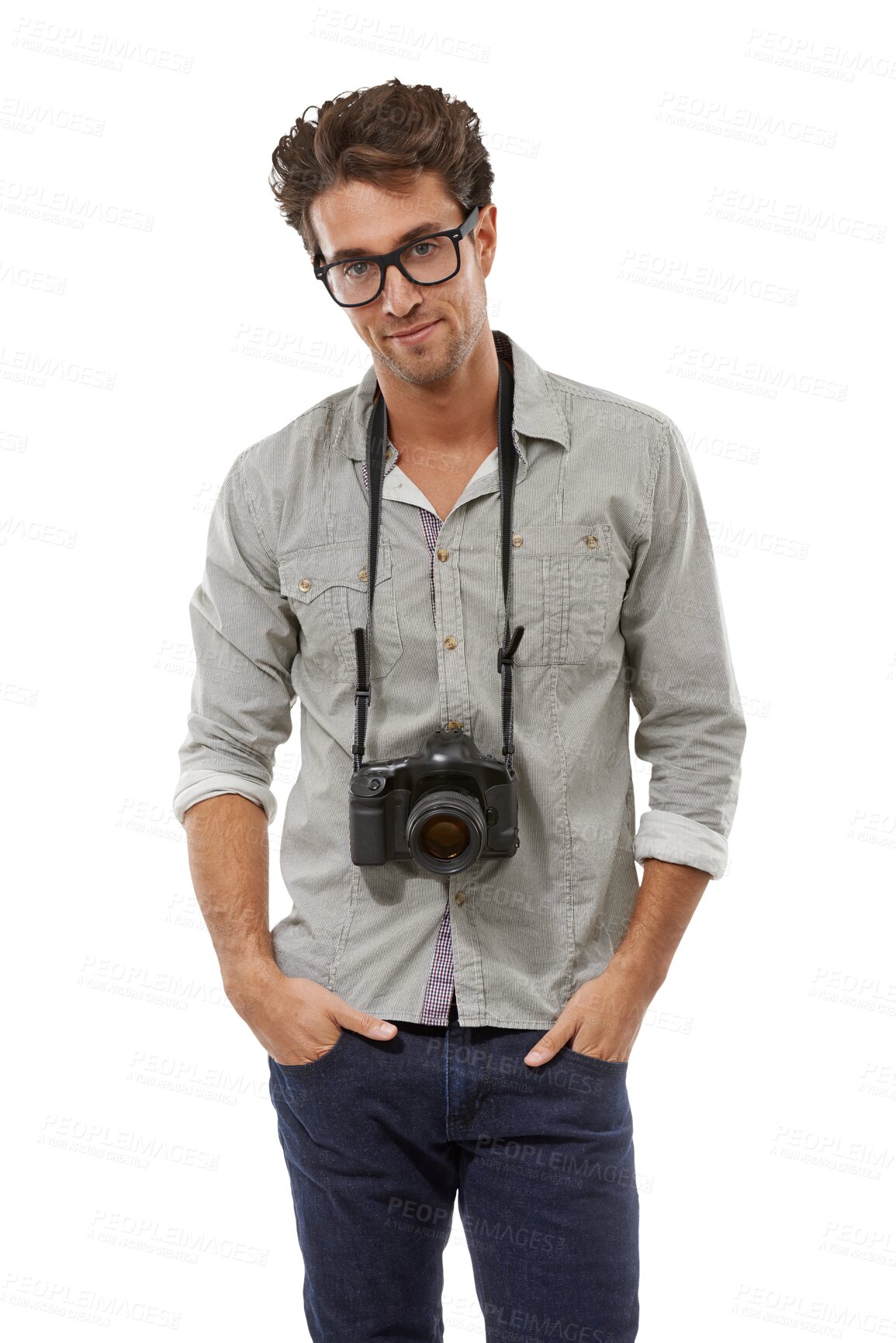 Buy stock photo Portrait, photography and camera with a young man isolated on a transparent background as a creative. Media, fashion and production with a happy young photographer on PNG for a magazine photoshoot