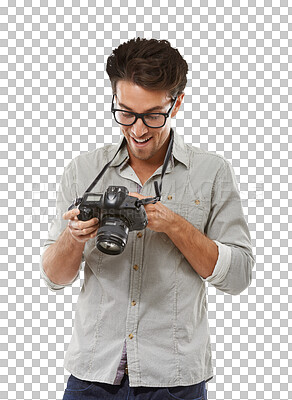 Buy stock photo Man, camera and creative photographer picture art, media equipment capture or isolated on transparent png background. Male person, face and digital lens gadget for pictures, professional or hobby