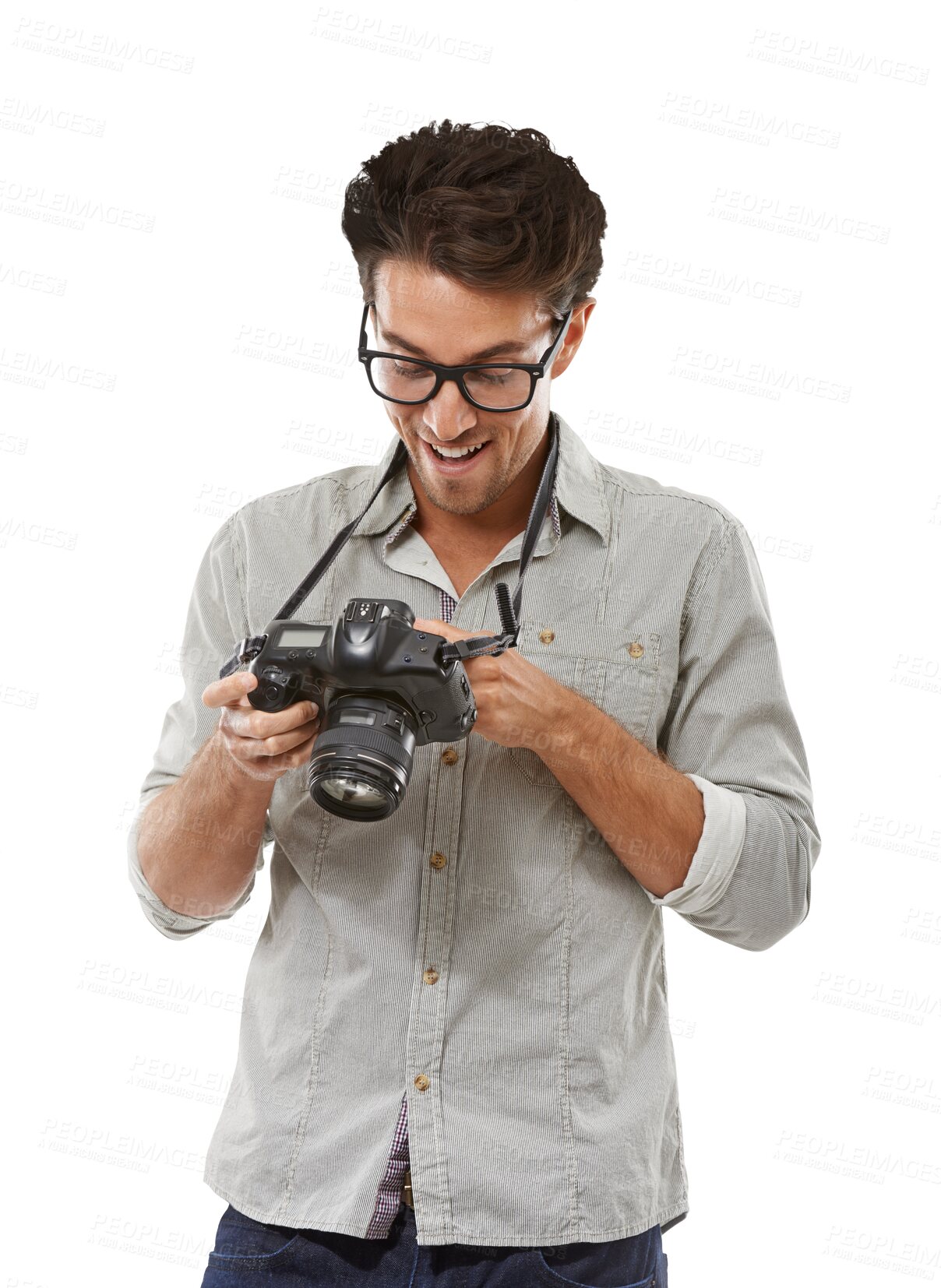 Buy stock photo Man, camera and creative photographer picture art, media equipment capture or isolated on transparent png background. Male person, face and digital lens gadget for pictures, professional or hobby