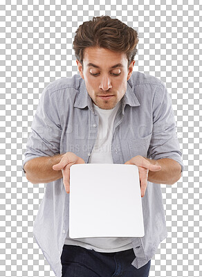 Buy stock photo Mockup, poster or paper and a man with a sign isolated on a transparent background for advertising. Space, marketing or presentation with a young person on PNG for an announcement or information