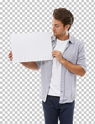 Buy stock photo Man, poster and marketing or promotion, logo and mockup or isolated on transparent png background. Male person, card and billboard or advertising, board and announcement on signboard, info and paper