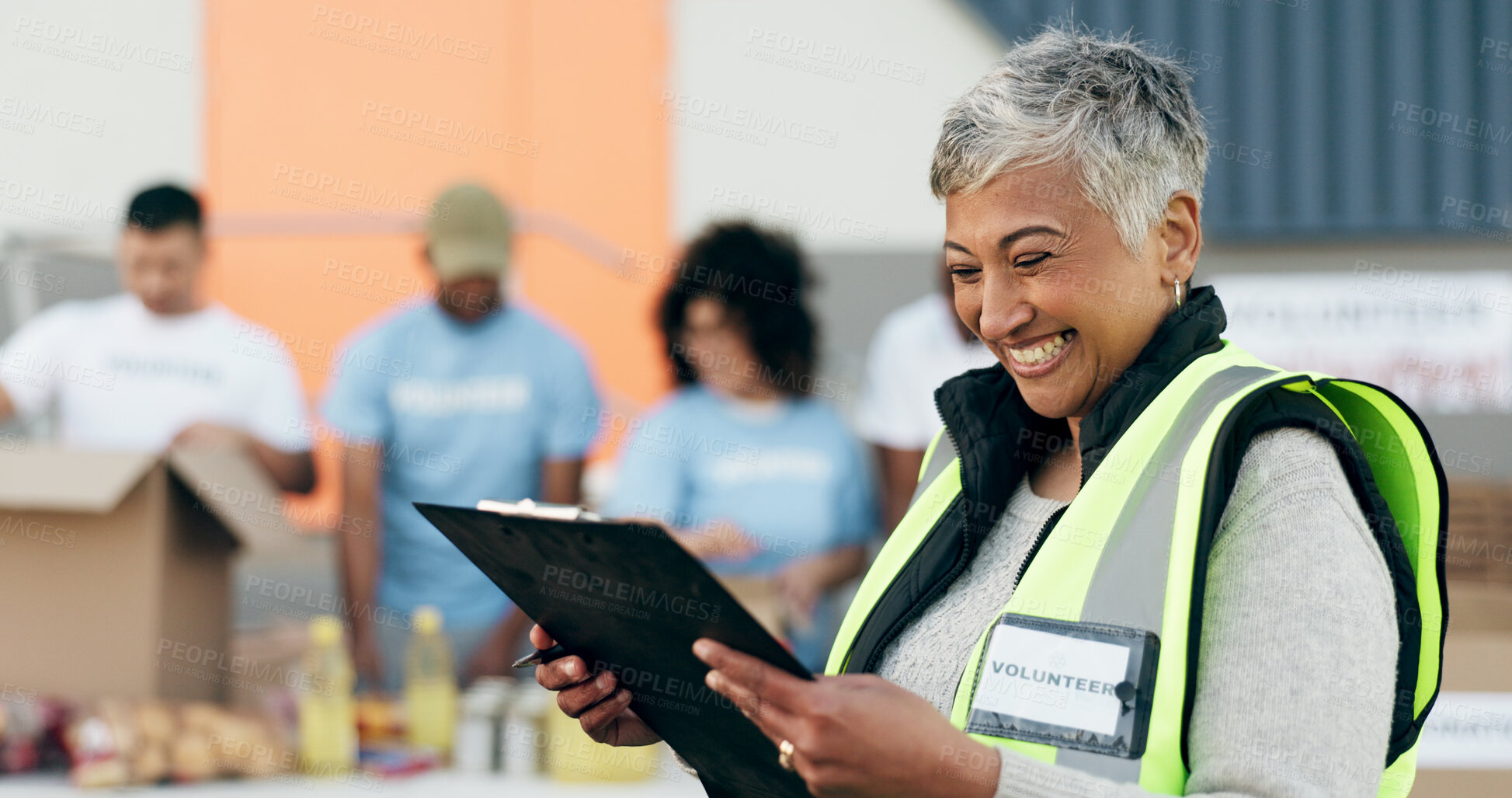 Buy stock photo Woman, volunteering and checklist of food donation, NGO project and community service management or leadership. Senior manager reading clipboard, documents and happy for charity or nonprofit work