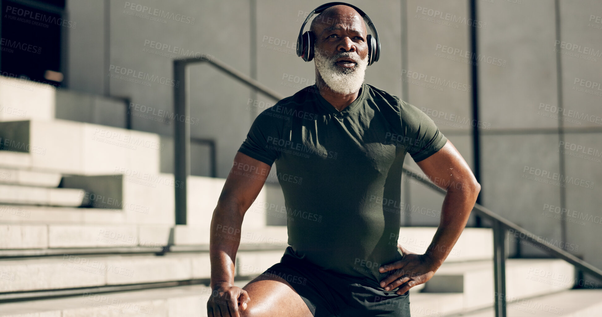 Buy stock photo Fitness, headphones and black man on stairs in city, sweat after workout and exercise for body health. Music, senior athlete and steps in urban town, listening to audio and serious, thinking or tired