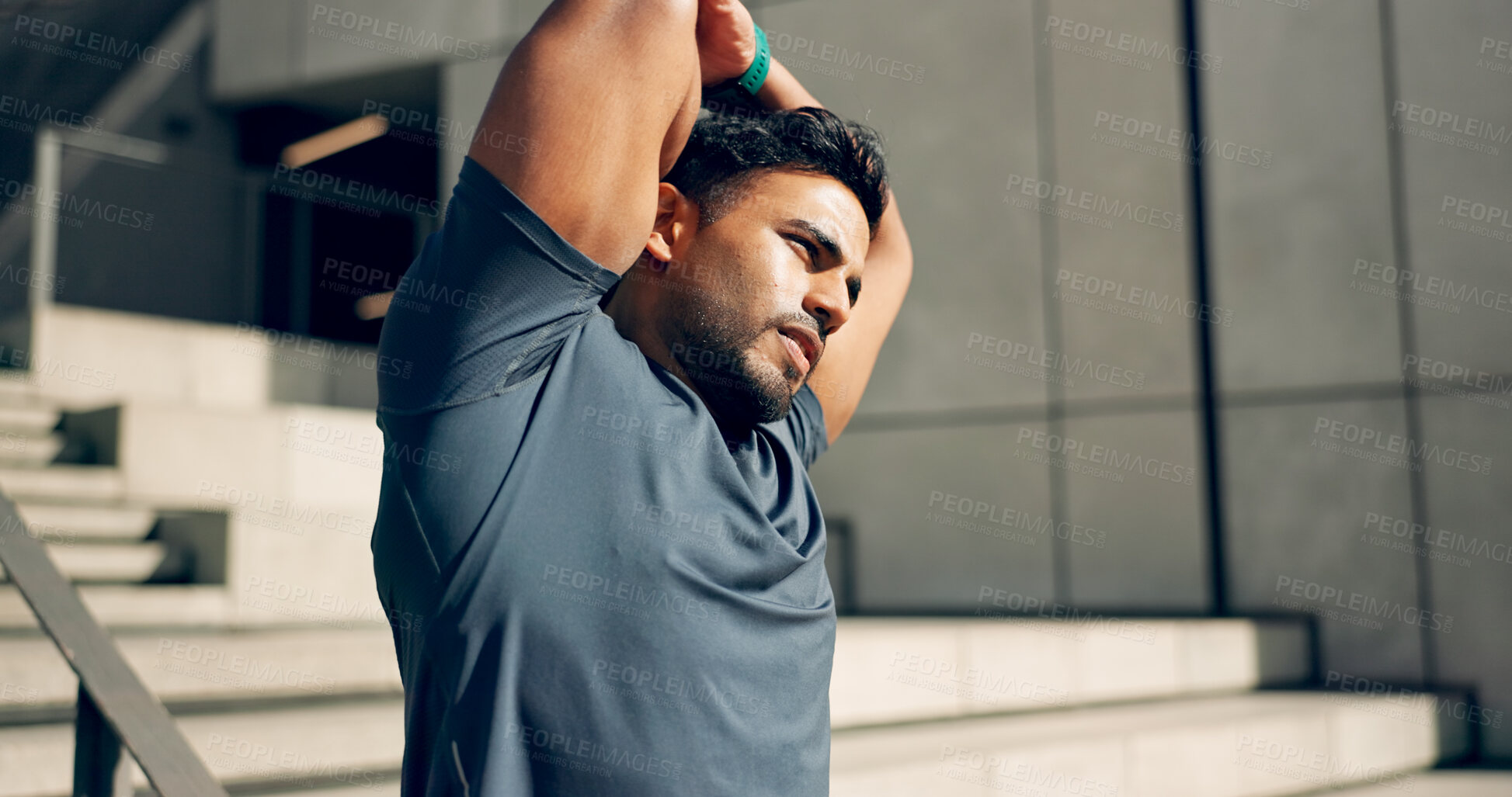 Buy stock photo Man, athlete or stretching arms at stairs for exercise, workout or wellness outdoor by building. Urban fitness, person or warm up for power and performance with strength, training and health by steps