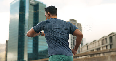 Buy stock photo Running, city or man with time in training, practice or fitness goals for marathon competition. Young athlete, wellness or speed runner for france race with progress, urban road or health lifestyle 