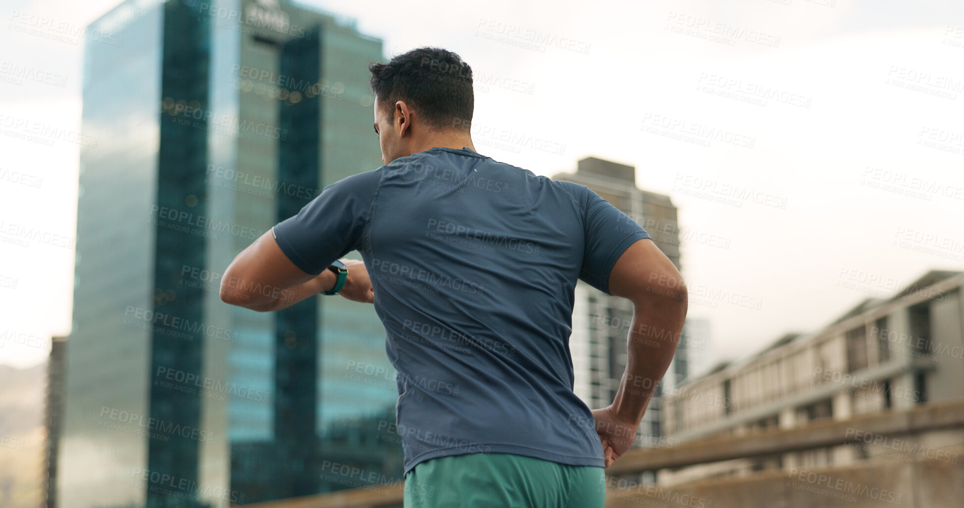 Buy stock photo Running, city or man with time in training, practice or fitness goals for marathon competition. Young athlete, wellness or speed runner for france race with progress, urban road or health lifestyle 