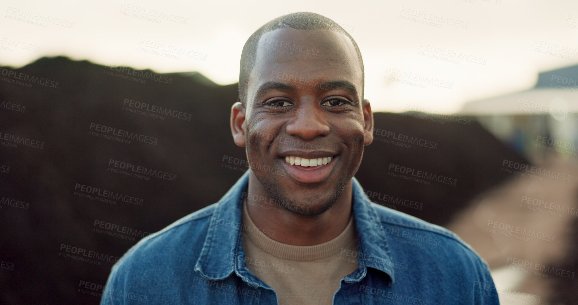 Buy stock photo Happy, portrait and black man outdoor on farm, land and eco friendly agriculture with greenhouse in Nigeria. African, farmer and smile for work in sustainability, farming and happiness in countryside