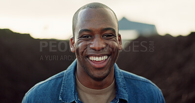 Buy stock photo Happy, black man and portrait outdoor on farm, land and eco friendly compost with soil or dirt in Nigeria. African, farmer or smile for work in composting, farming and fertiliser for earth or plants