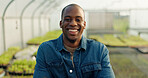 Man, farming and happy portrait in greenhouse, healthy food and sustainability in eco friendly agriculture. Black entrepreneur, face and africa nutrition in ngo farm startup, ecology and vegetables 