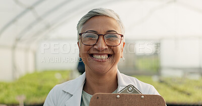 Buy stock photo Portrait, botanist and happy woman at greenhouse for science at farm, plant and checklist for ecology. Face, smile and mature scientist at nursery for agriculture in glasses for research in Mexico