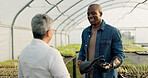 Team of people, happy farmer in greenhouse and agriculture, agro or test plants, research vegetables and ecology. Smile, black man and woman in nursery, botanist or scientist in garden for inspection