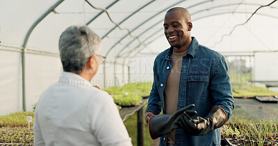 Buy stock photo Team of people, happy farmer in greenhouse and agriculture, agro or test plants, research vegetables and ecology. Smile, black man and woman in nursery, botanist or scientist in garden for inspection