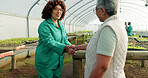 Farm, greenhouse and handshake of people for deal, crm agreement and b2b, partnership or teamwork. Agriculture, happy women at garden shaking hands and greeting, meeting or welcome to small business