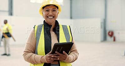 Buy stock photo Happy woman, portrait and senior engineer with tablet for warehouse inspection, inventory or storage. Mature female person, architect or contractor smile with technology and hat in safety management