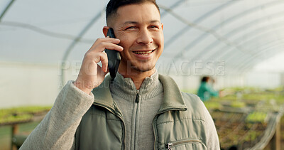 Buy stock photo Man, farmer and smartphone in greenhouse, call and worker for agriculture, supply chain and mobile. Farm owner, supplier and organic products for eco friendly, sustainable business or communication