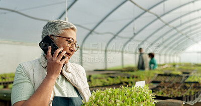 Buy stock photo Farmer, phone call and greenhouse plants, agriculture or farming communication, growth and agro business management. Senior woman, supplier or seller talking on mobile with sprout tray or gardening