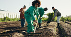 Woman, farmer and rake land, grow healthy food and sustainability for eco friendly agriculture. Brazil person, work and nature for green organic industry in ecology, health soil and field for plants