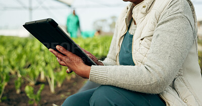 Buy stock photo Closeup, hand and farmer with tablet in greenhouse for checking of inventory with plants for harvest. Person, agribusiness and technology for report, quality control and fresh produce for inspection