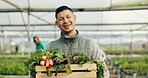 Farmer, man and vegetables box of agriculture, sustainability and farming in greenhouse or agro business. Portrait of happy seller gardening, green product harvest or healthy food in groceries basket